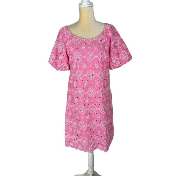 Talbots Pink Puff Sleeve Embroidered Eyelet Shift Dress 100% Cotton Size 4 - Picture 2 of 12